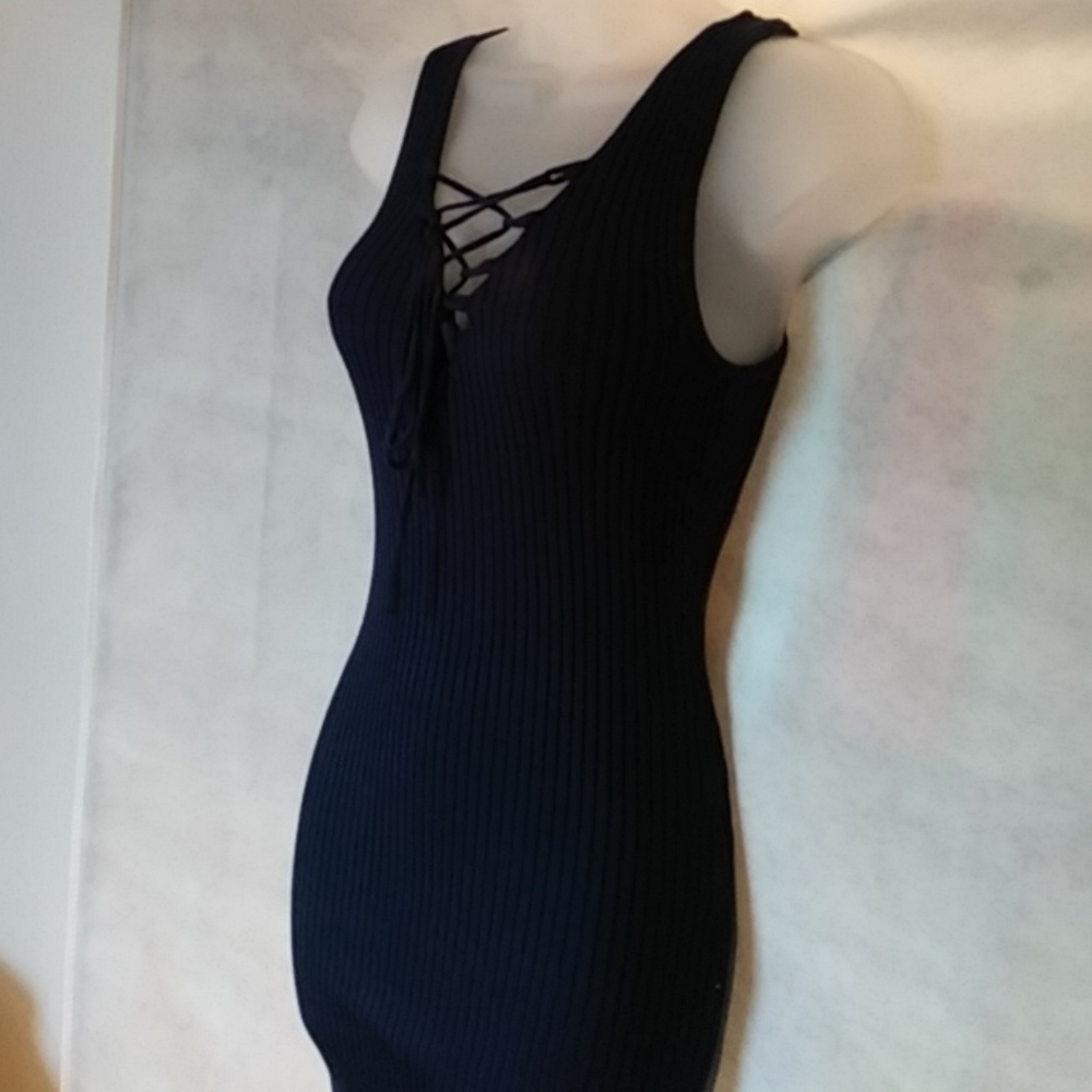 Blue Ribbed Bodycon Laceup Dress